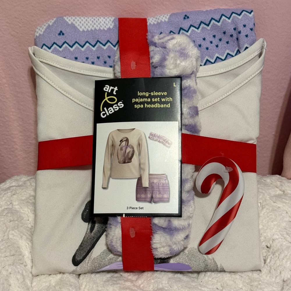 Art Class Girls 3 Piece Pajama Set Swan Long Sleeve Shorts Spa Headband Large